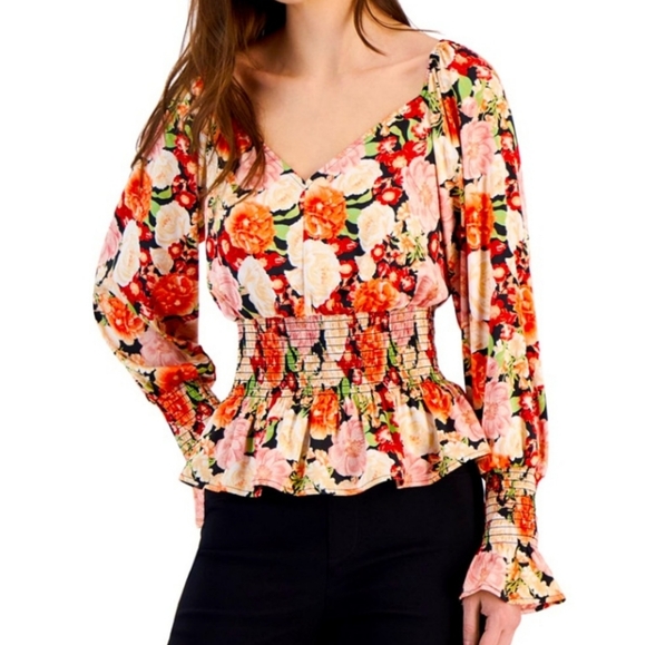 INC International Concepts Tops - INC Emma Garden Women's L Smocked Ruffle Long Sleeve Peplum Top Multicolor